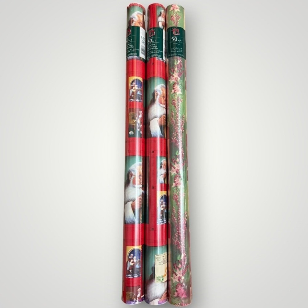 Vintage Cleo Christmas Wrapping Paper 90's Lot 3 Rolls 150sqft Santa Floral